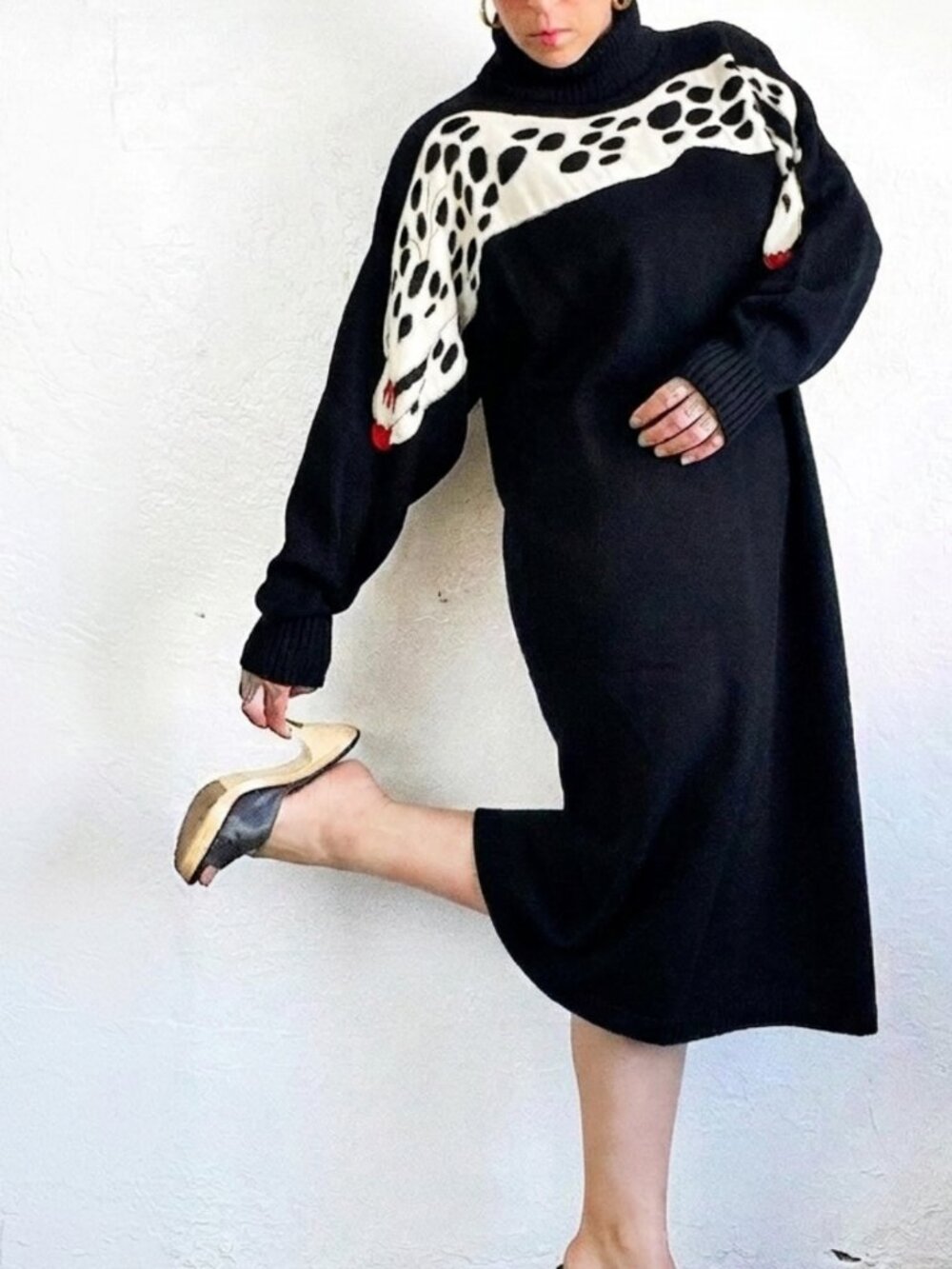 VINTAGE 80s VANNA WHITE R&K Originals Leopard Turtleneck Sweater Dress L